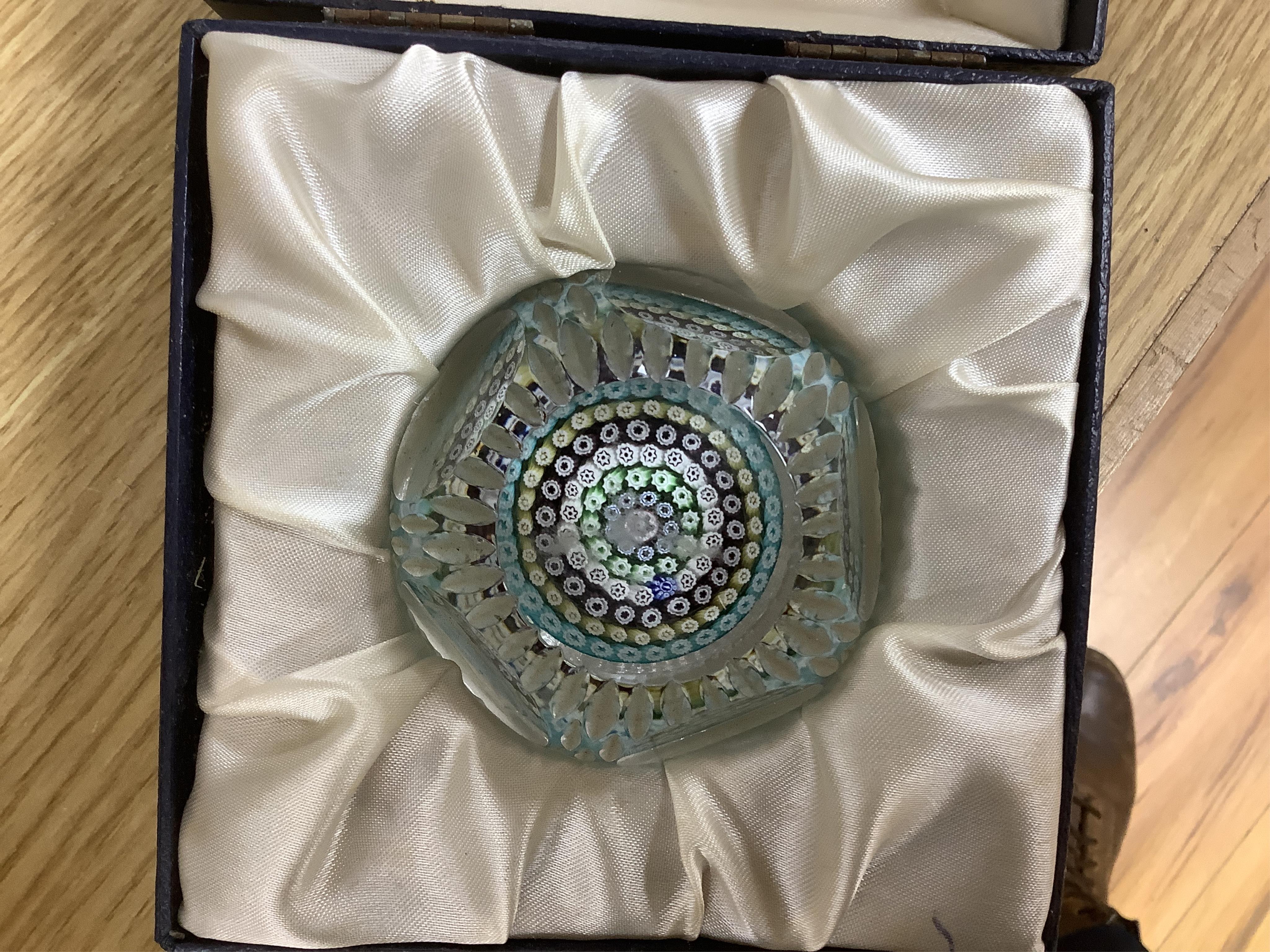 A collection of boxed Whitefriars and Caithness paperweights and others (10)